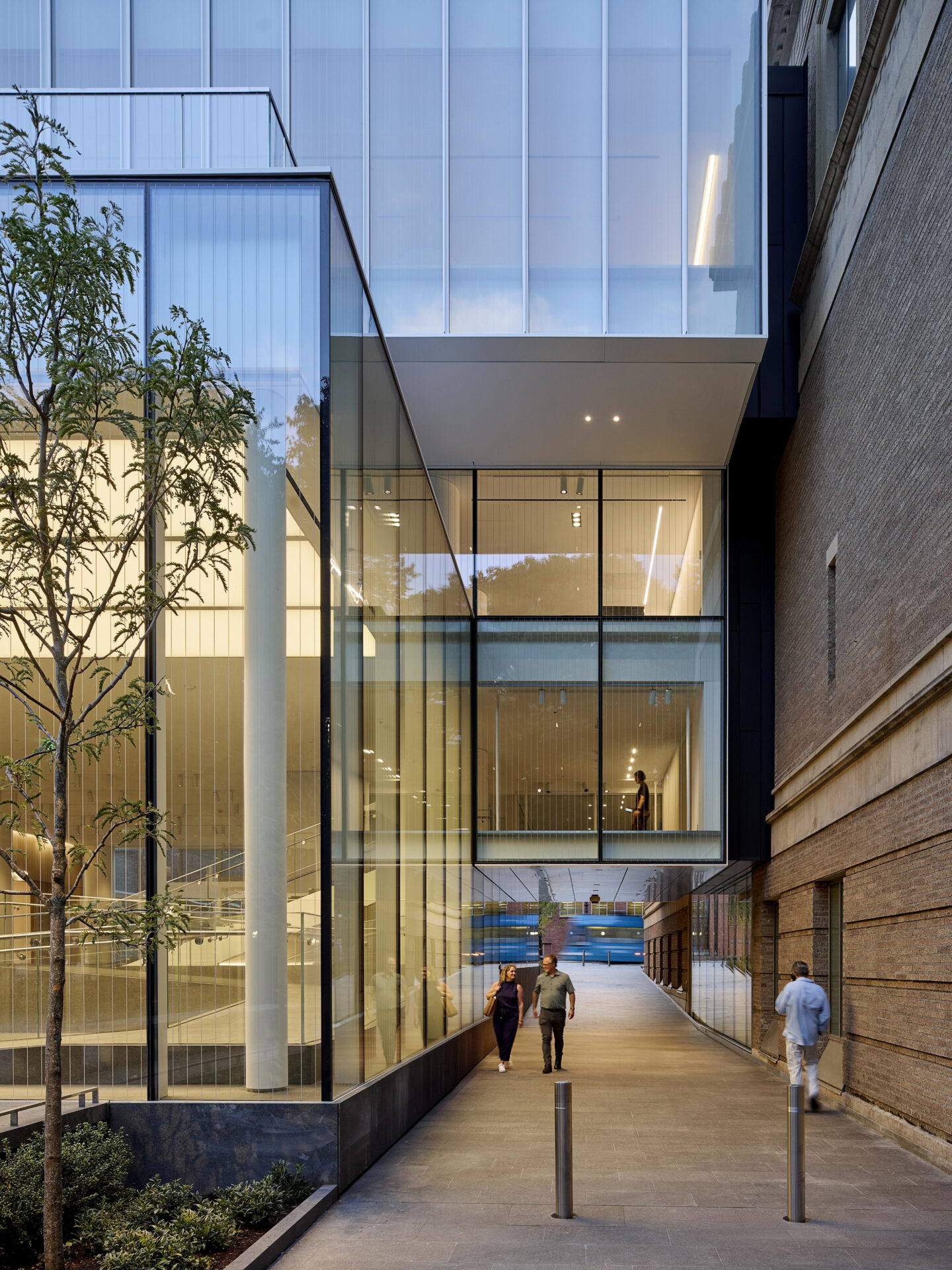 Modern glass structure with angular lines, surrounded by brick walls and greenery, guiding visitors toward an inviting entrance.