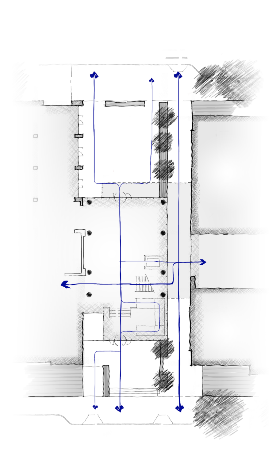 Site plan sketch of the Rothko Pavilion, featuring pathways marked in blue, leading through outdoor spaces with surrounding structures.